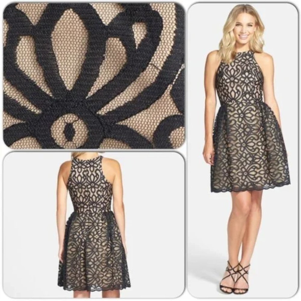 Monique Lhuillier Bridesmaids Black Lace Fit & Flare Dress with POCKETS!